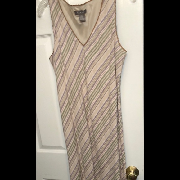 Kenar size 12 tan & ivory stripe 100% linen V neck maxi Bias cut - Picture 2 of 10
